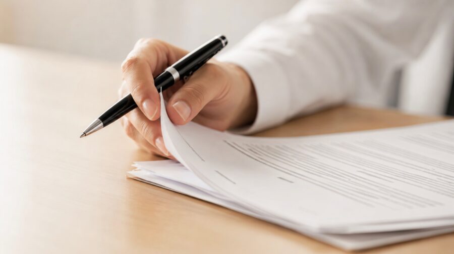 Person turning the pages of a printed business contract while holding a pen at a desk